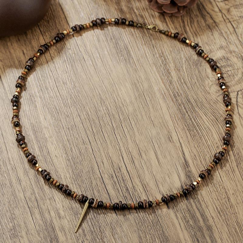 Men'S Layered Wood Walnut Bead Necklace European American Style Hiphop Vintage Long Chain Stackable Bohemian Accessories