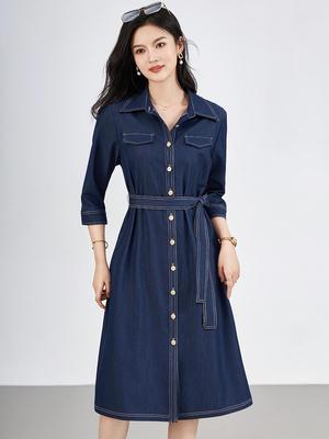 Früher Herbst Hochwertiges Vielseitiges Schlankmachendes Weiches Denim-Look Pendlerkleid