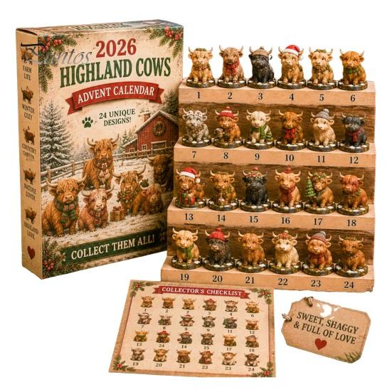 24-Tage-Countdown-Box Hochlandrind Adventskalender 2026, Weihnachten mit Acryl 2D Rinderliebhaber Geschenk Mini-Figur, Bauernhoftier Baumhänge-Dekoration für