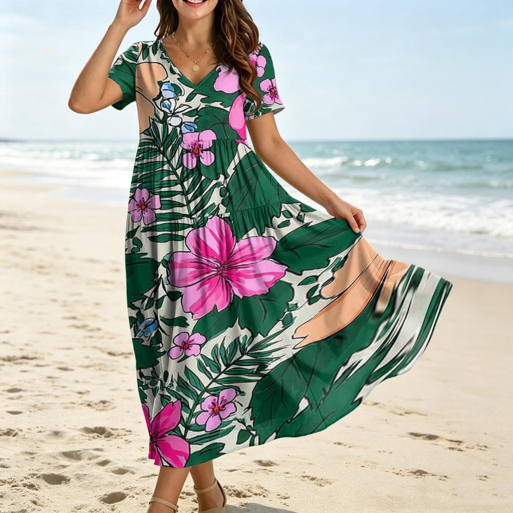 Frauen Casual Lose Bohemian Blumenkleid Kurzarm Lange Maxi Sommer Strand Swing Kleid