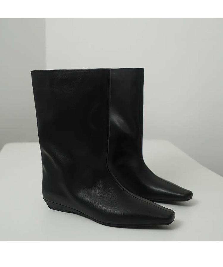 Cowhide Version~ Niche New Retro Short Boots, Wedge Heel Medium Tube, Loose Sleeve, Knight Boots, Chimney Leather, Versatile Medium