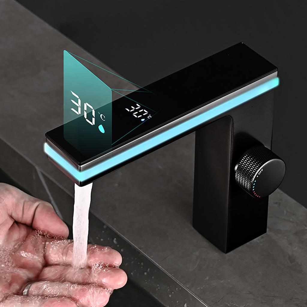 Digital Display Bathroom Washbasin Faucet Smart LED Brass Countertop Washbasin Hot and Cold Water Mixer Sink Washbasin Faucet