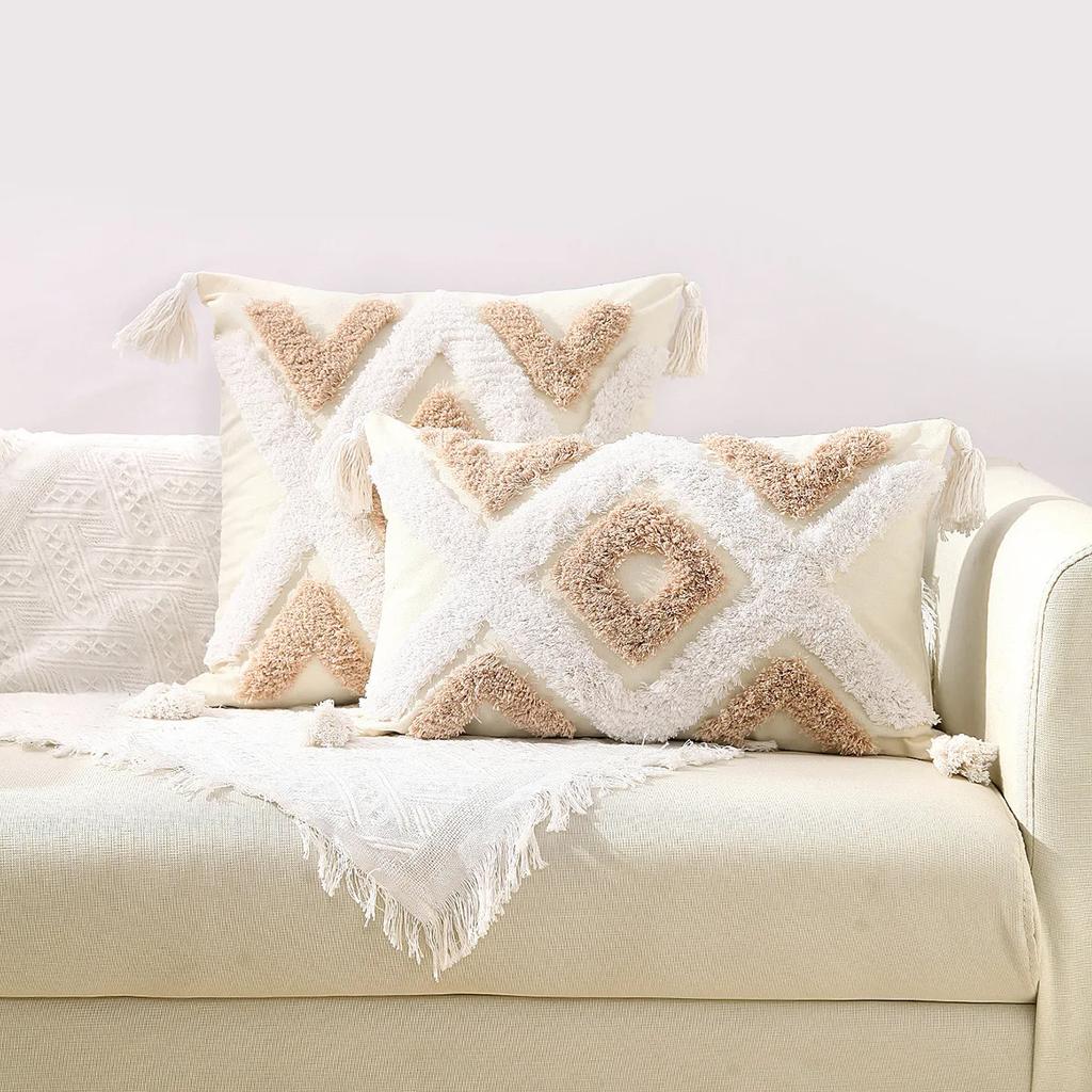 Tassels Cushion Cover Beige Boho Pillowcase with Tassels Tufted Home Decor Handmade Woven Pillowcase Sofa Living Room Decoration
