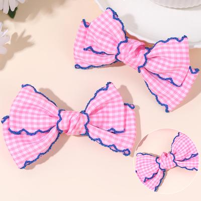 2Pcs Lovely Handmade Fabric Plaid Barrette Hair Bow Clip with Moonstitch Edge Hair Clip School Gingham Headdress