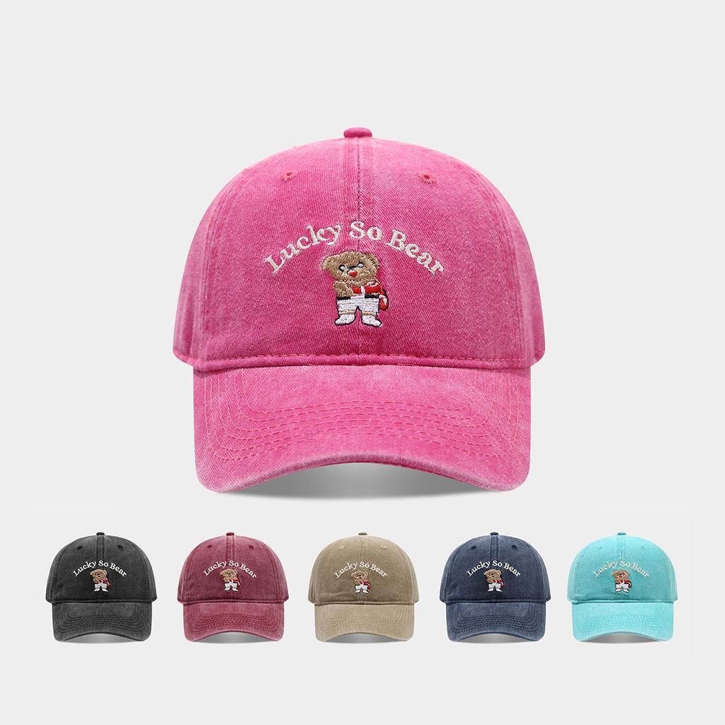 American Retro Washed Bear LUCKY Embroidered Baseball Cap for Women Showing Their Faces