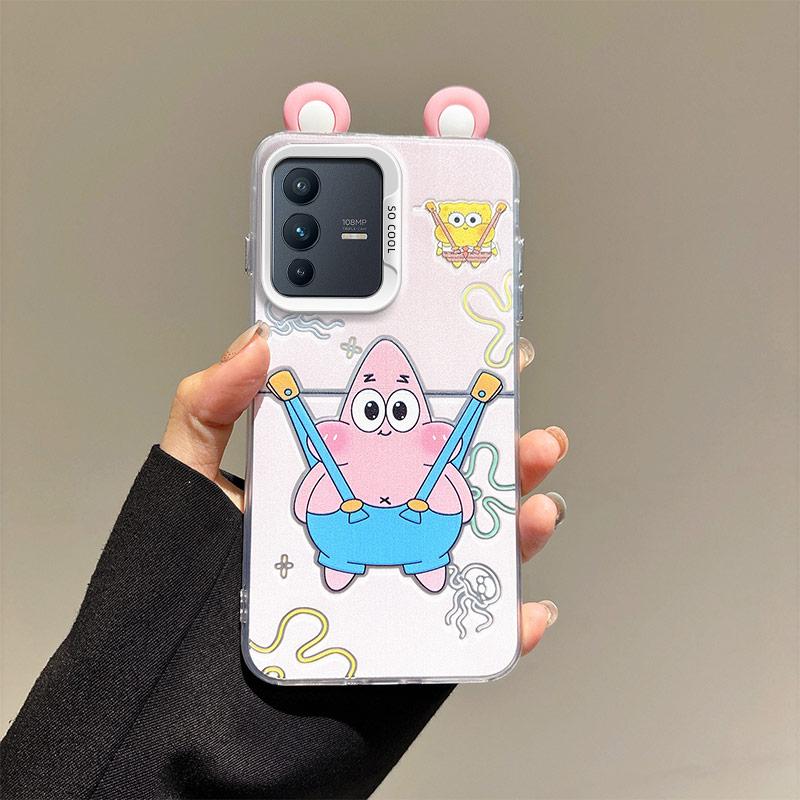 KEYSION Cute Ear Cartoon Case for VIVO V23 5G with Lanyard Soft Silicone+PC Shockproof Phone Back Cover for VIVO V23 5G