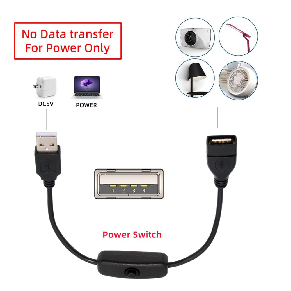 Xiwai USB USB Stecker auf Buchse Verlängerungskabel mit Stromversorgung DC 5V für Schreibtisch LED-Streifen Lüfter Extender, 2.0 Typ-A Ein/Aus-Schalter, Lampen, [28cm]