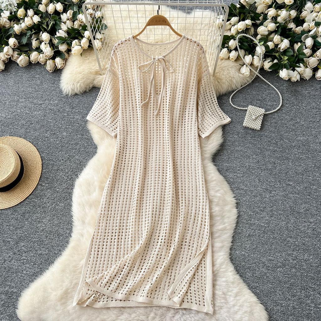 Hollowed-out Grid Knitted Dress Summer Lace-up Short-sleeved Slit Loose Dress