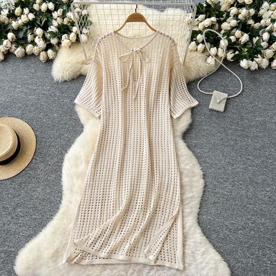 Ausgehöhltes Netzstrickkleid Sommer Schnürung Kurzärmlig Schlitz Lockeres Kleid