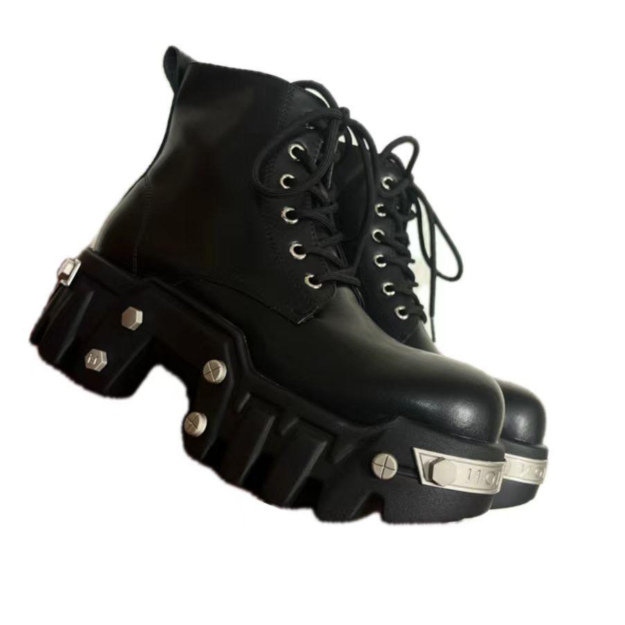 Fashion 2024 New Punk Women Platform Ankle Boots Female's Rock Round Toe Lace Up Fashion Retro Chunky Shoes Metal Decor Short Boots