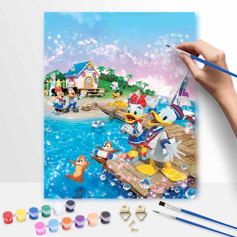 Disney Oil Painting DIY Digital Painting Mickey and Friends Summer Beach Scene HandPainted Wall Art for Living Room Entryway.