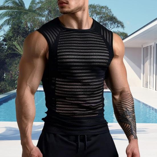 

Мужской жилет, прозрачный полосатый сетчатый топ без рукавов, широкие полые бретели, майка, майка, уличная одежда 2XL чёрный