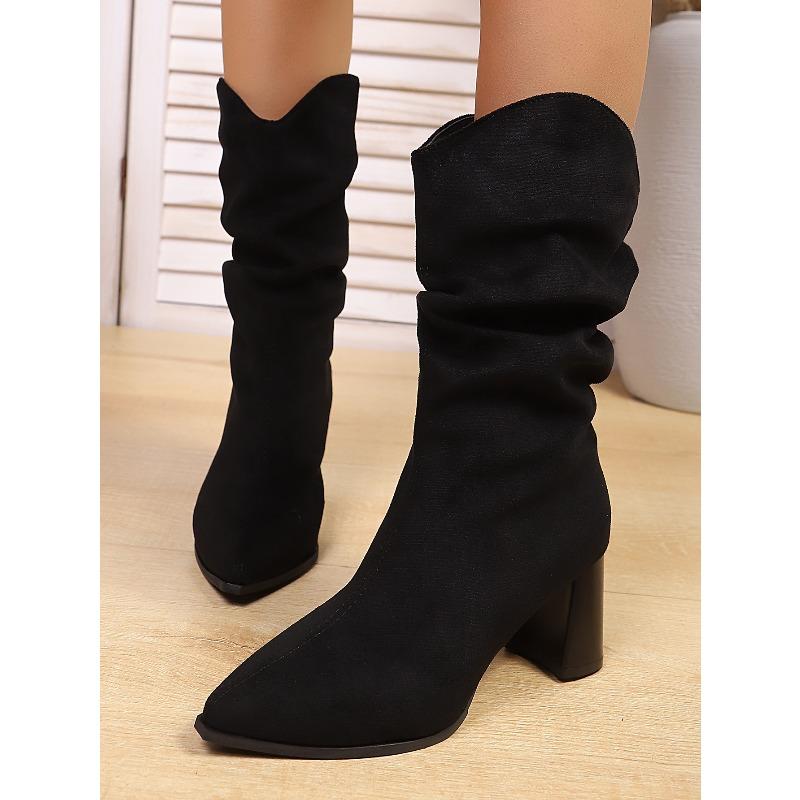 Vintage Pointed Toe High Heel Fashion Boots 2025 Winter New Plus-size Fleece Mid-top Boots for Women
