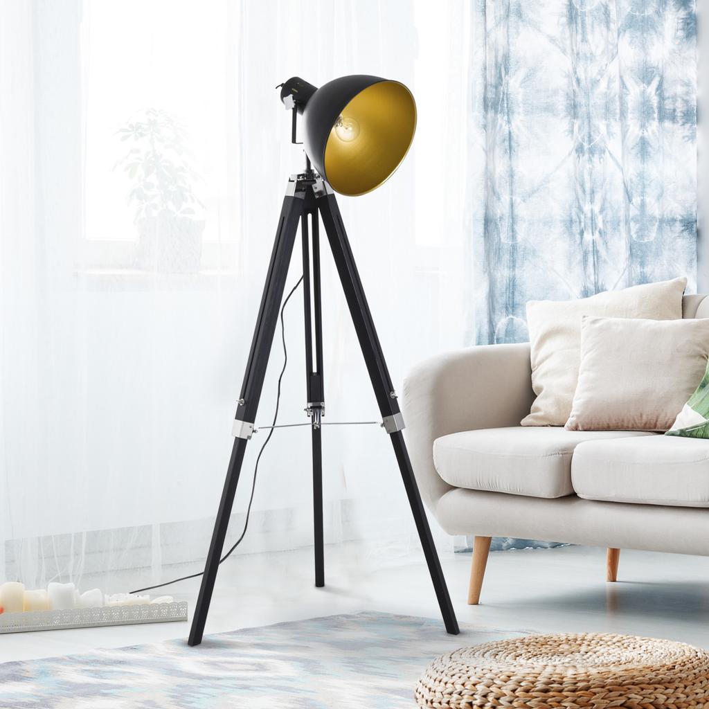 Tripod Floor Lamp, Spotlight Reading Lamp w/ Adjustable Height, Angle, Wood Legs for Living Room, Bedroom, Home, Office, Black and Gold