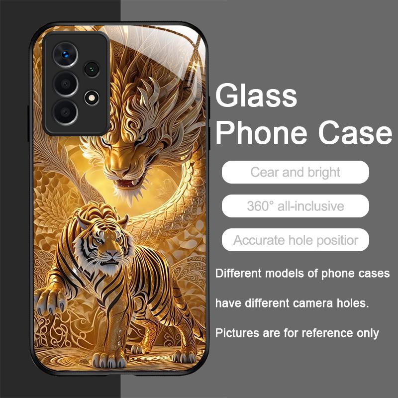 Shiny Golden Dragon and Tiger Pattern Tempered Glass Phone Case for Samsung Galaxy S25 Ultra S24 S23 Plus S22 S21 S20 FE Covers