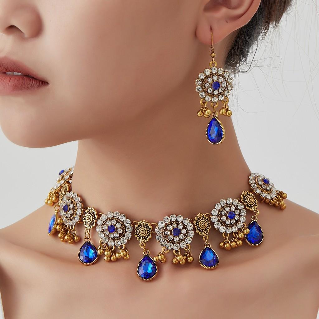 Ethnic Style Necklace Set With Water Crystal Pendant For Women