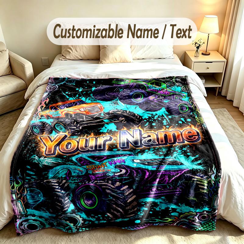 Monster Truck Theme Custom Blanket Personalized Name & Text Customized Soft Warm Throw Blanket Home Decor