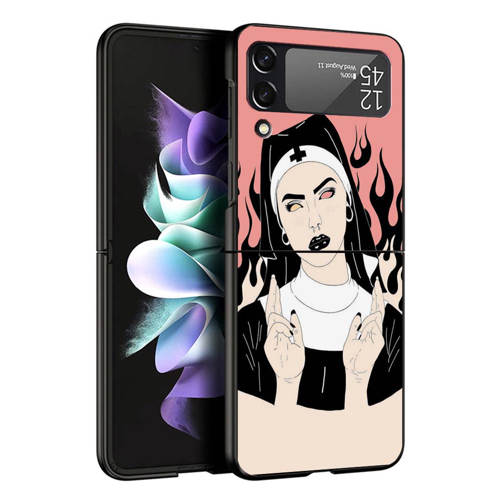 Pink Cat Skull Sorceress Witch Hard Black Cover for Samsung Galaxy Z Flip 7 6 5 4 3 5G Phone Case Flip7 Flip6 Flip5 Flip4 Flip3