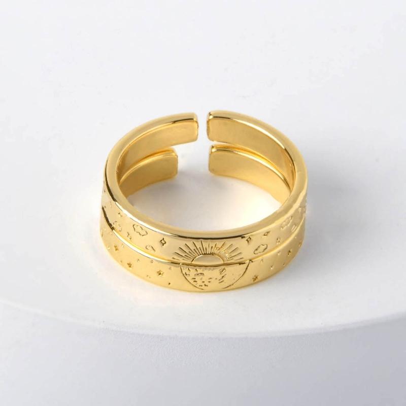 2Pcs Adjustable Open Rings Alloy Finger Rings Ornaments Stackable Sun Moon Rings Accessory Set for Women Girls