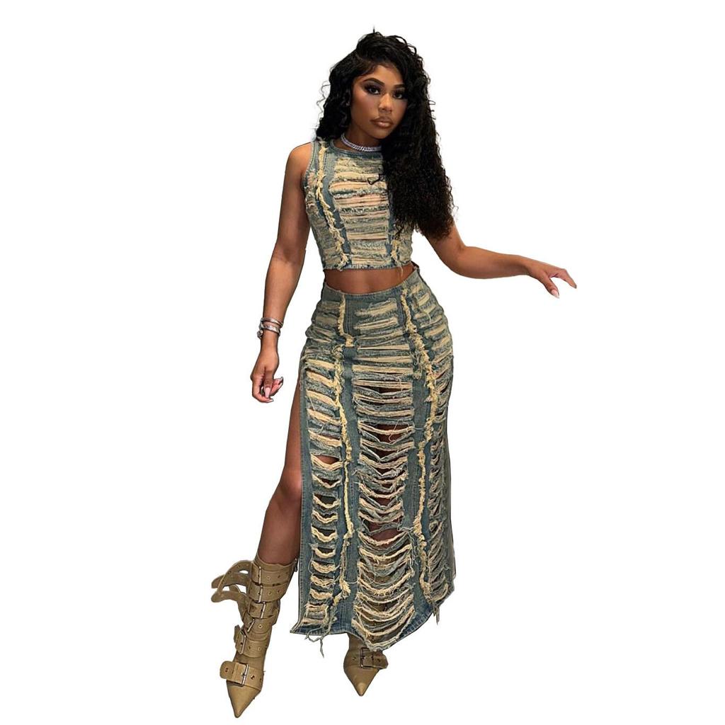 Women's Denim Skirt and Vest Set – European & American Handmade Distressed Style with High Slit