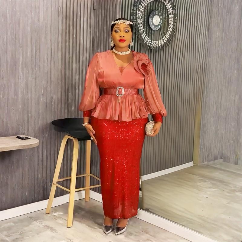 Elegant Plus Size African Womens Evening Dress Long Sleeve Deep V Neck Sequin Trimmed Fit-and-Flare Gown Party
