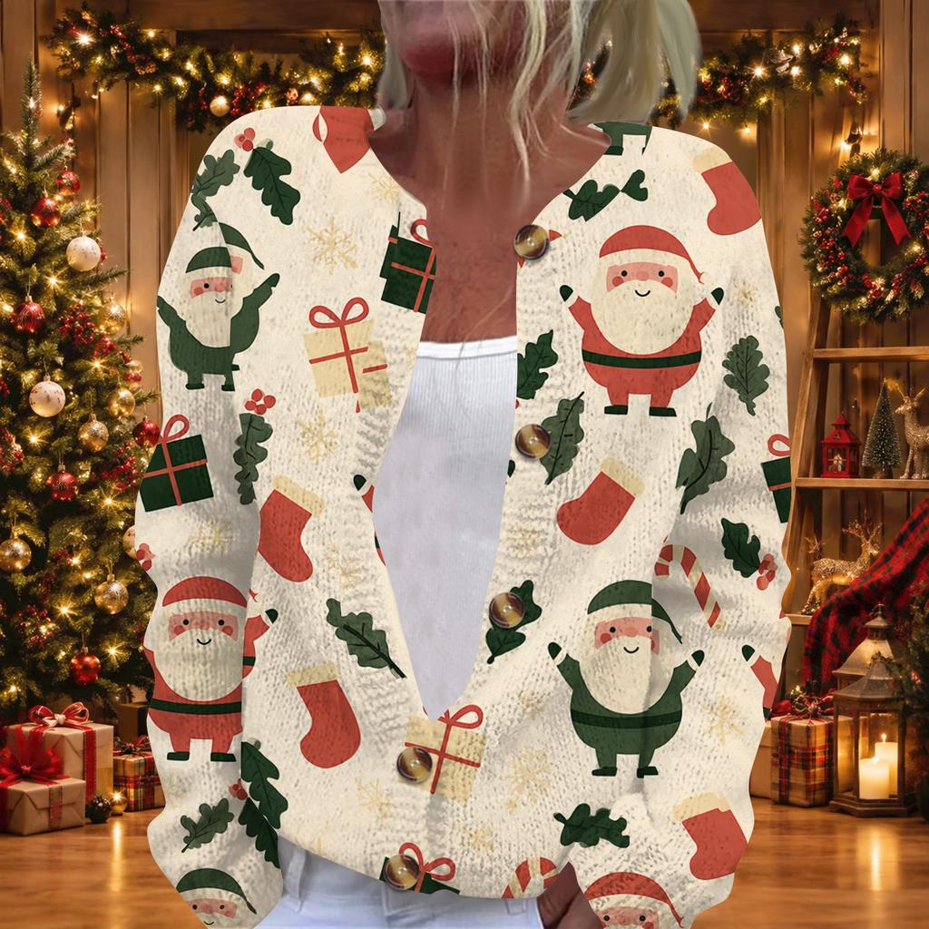 Women's Christmas Print Long Sleeve Knit Cardigan with Buttons for Holiday