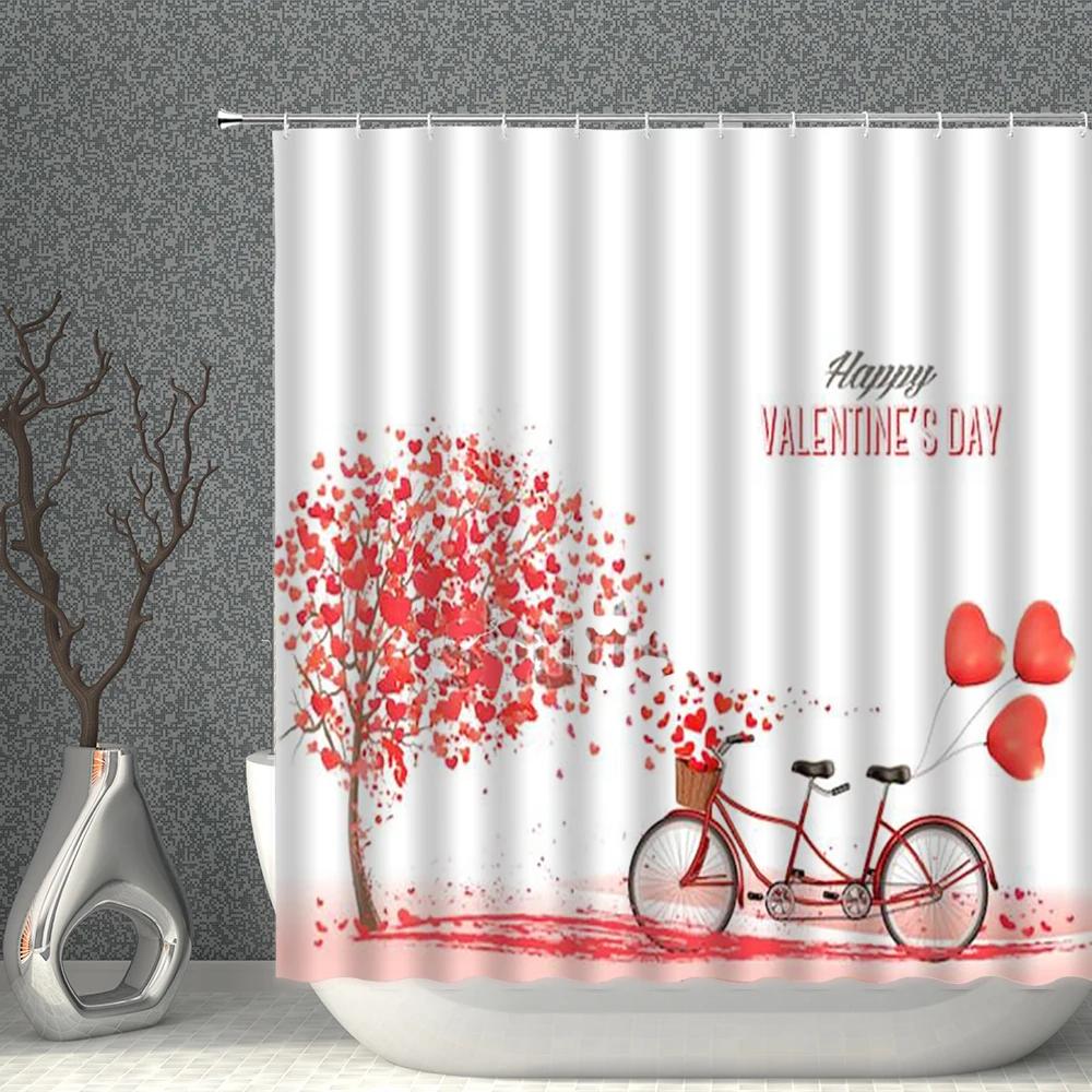 Love Shower Curtain Romantic Lover Rose Flower Piano Balloon Petal Bicycle Print Pattern Washable Household Decoration With Hook