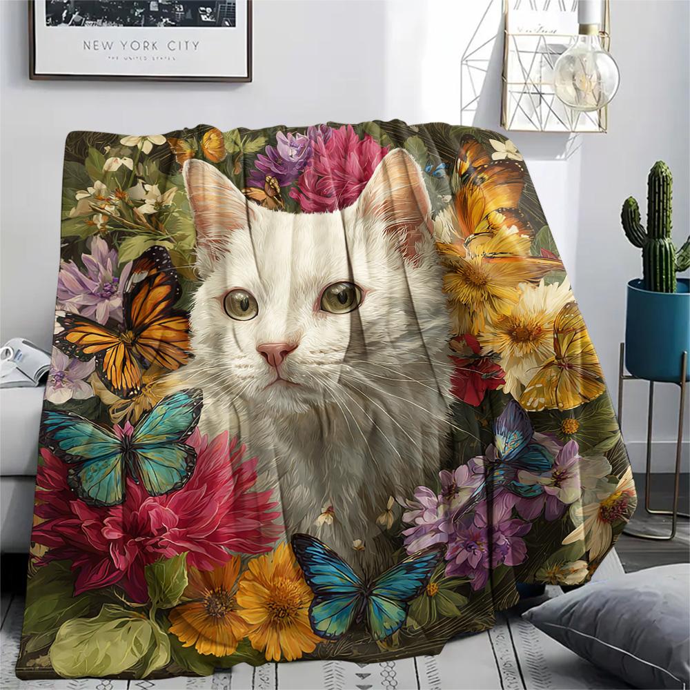 Coperta in Flanella con Stampa di Gatti Bianchi, Alta Qualità, Confortevole per Tutte le Stagioni, Decorazione per la Casa, Calore e Comfort, Perfetta per Regali di Natale