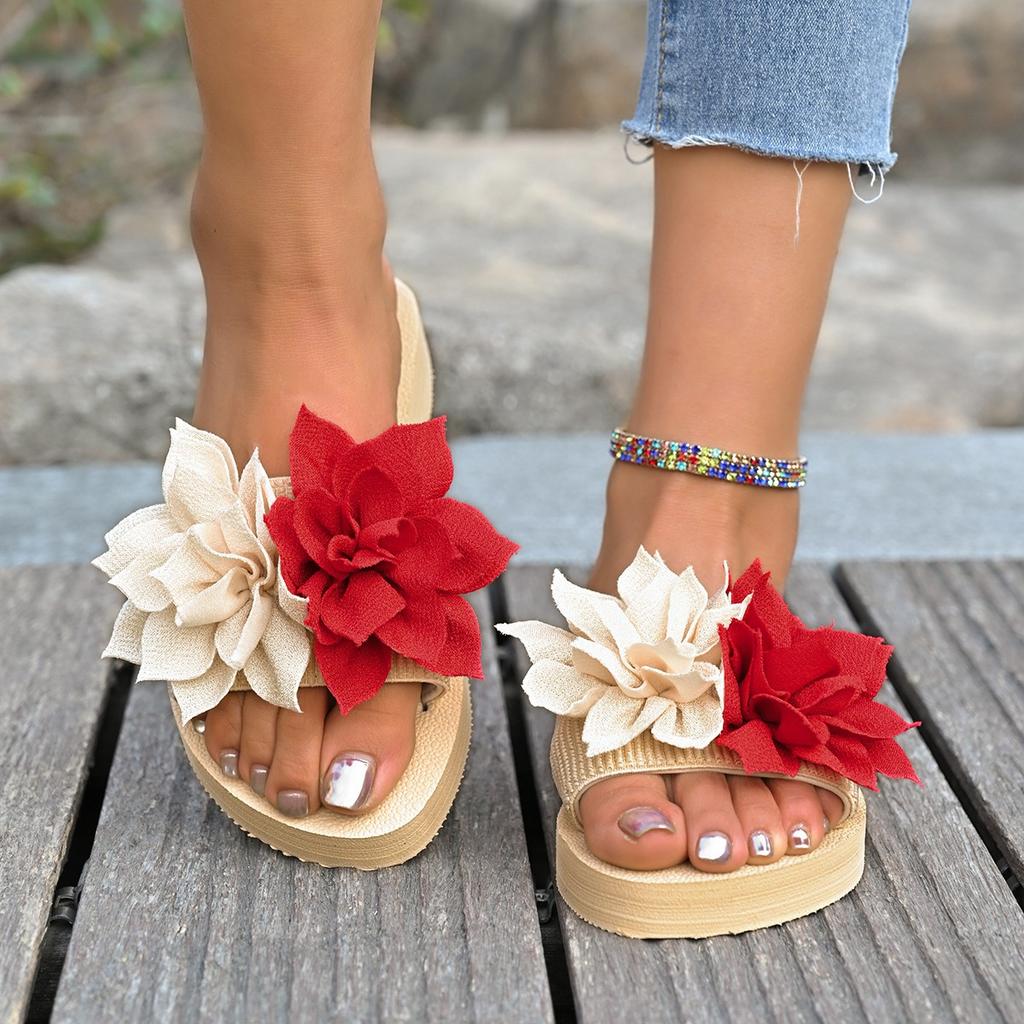 Verano 2025 nuevas zapatillas de suela gruesa para mujer para interior y exterior casual versátiles zapatillas frescas flor bicolor zapatillas planas para mujer