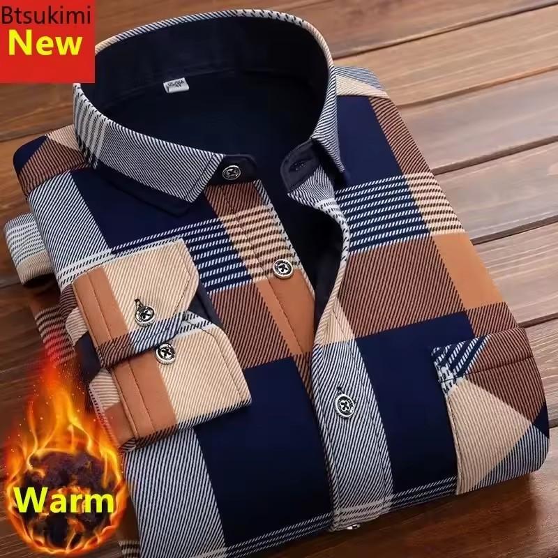 2025 Men's Autumn Winter Thick Warm Long Sleeve Plaid Shirt Thick Fleece Warm Casual Shirts for Men Oversized Plaid Shirts Male