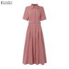 ZANZEA Women Casual Turn Down Collar Solid Color Loose Half Sleeve Long Dress