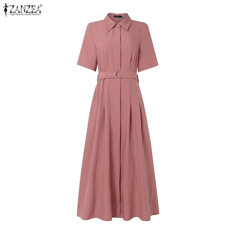 ZANZEA Women Casual Turn Down Collar Solid Color Loose Half Sleeve Long Dress