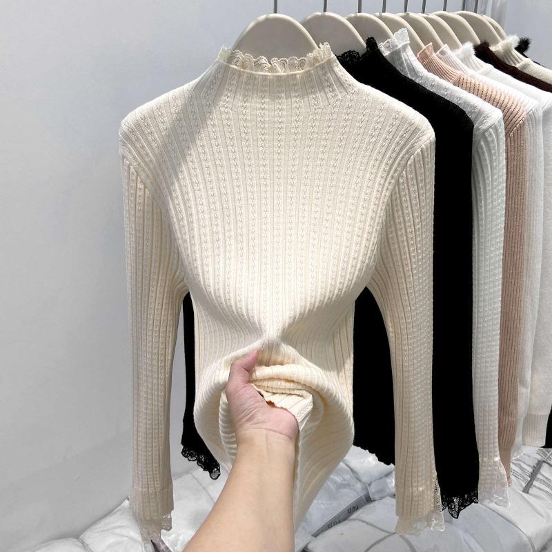 

Spring lace splicing semi-turtleneck knitted sweater women s design sense slim fit bottoming shirt sweet wind sweater L абрикосовый