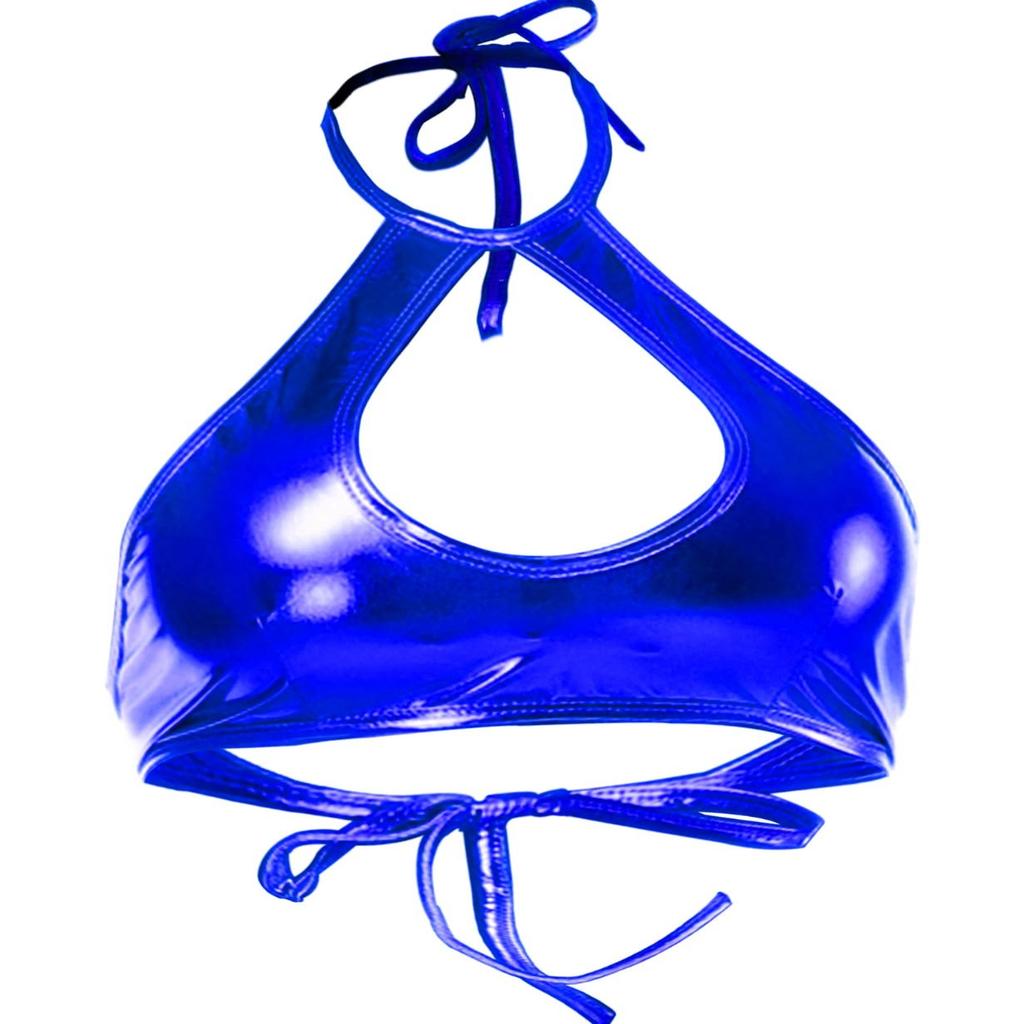 Shiny Metallic Rave Tops for Women Sexy Wet Look Leather Bra Halter Strap Outfit Crop Tops