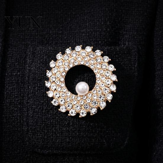Men Women Clothing Jewelry Hollow Rhinestone Ring Brooch Pin, Bling Circle Lapel Pin Decorative with Faux Pearl, Accessories Wedding Bridal