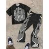 Summer Boy Cool Graphic Flame Crew Neck T-Shirt and Pants  Casual Set Quick Drying Trendy Sportswear