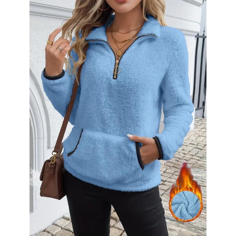 

Женское плюшевое худи с полумолнией, повседневный пуловер с длинными рукавами и передней молнией, уютная толстовка для зимы, домашняя одежда однотонной расцветки S синий