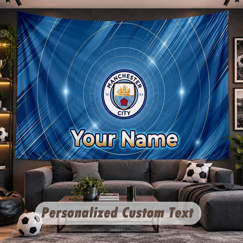 Manchester City Personalized Tapestry Support Custom Name, Wall Art Home Decoration