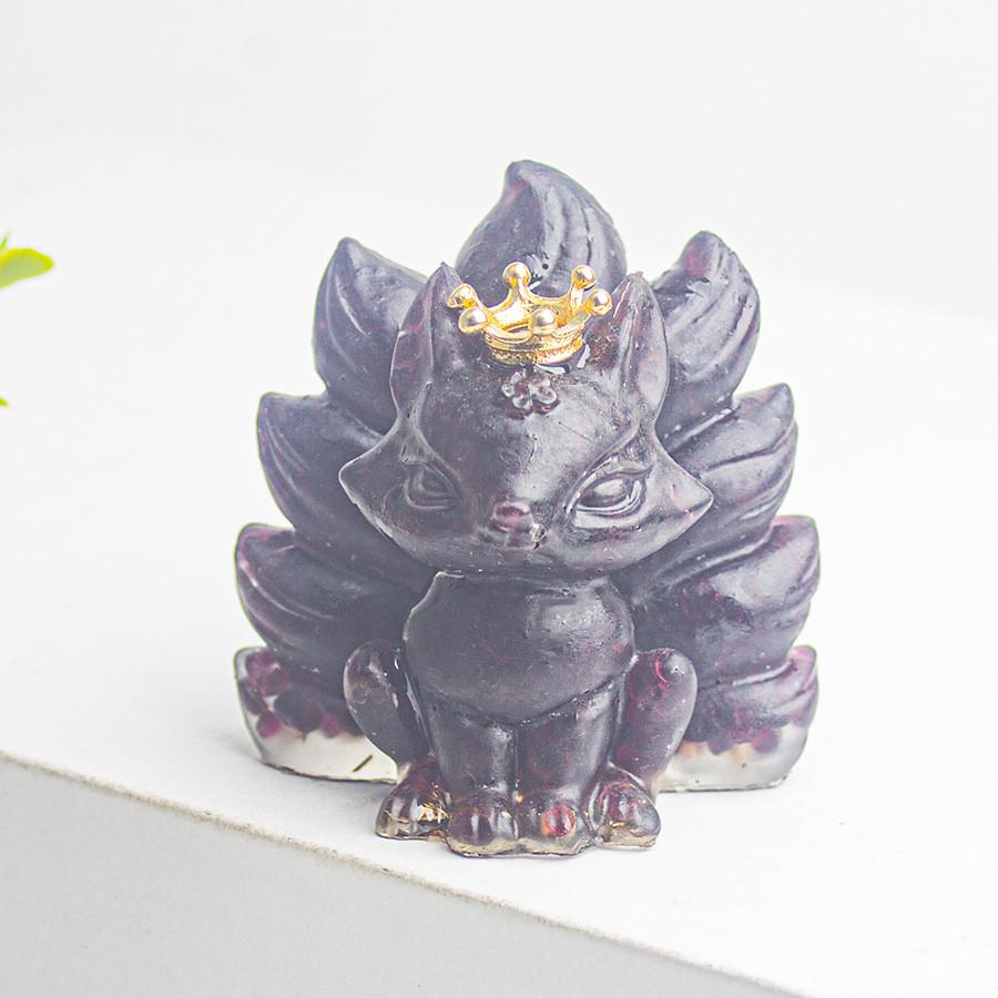 Water Crystal Decorative Figurine With Crown Nine Tails Fox For Modern Desk Display