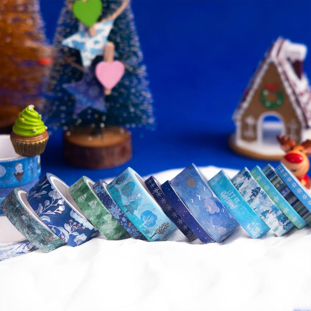 YUBX Winter Masking Tape Blue Washi Snow Silver Foil Narrow for DIY Gift Decoration Narrow 19-Piece Set, Tape, Pattern, Stamping, Strips, Crafts,