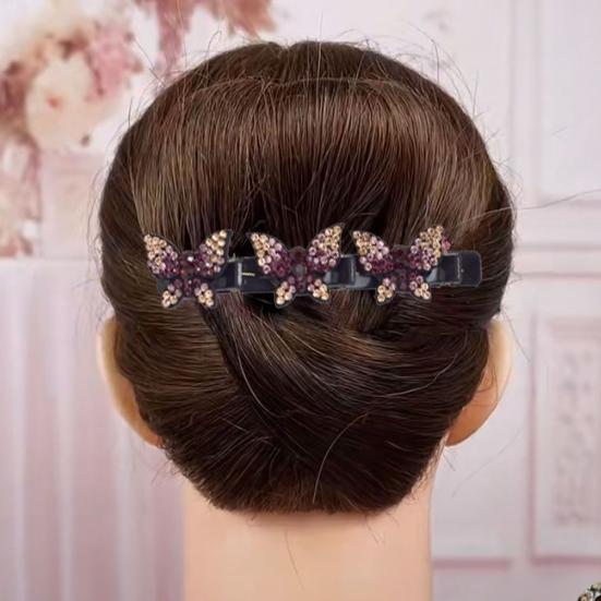 4Pcs Rhinestone Butterfly Hair Clip Head Back Braiding Hair Clamp Double Layers Hairpins Women