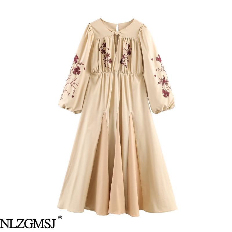 2026 Spring European & American Style Embroidered Long Sleeve Maxi Dress Extra Large
