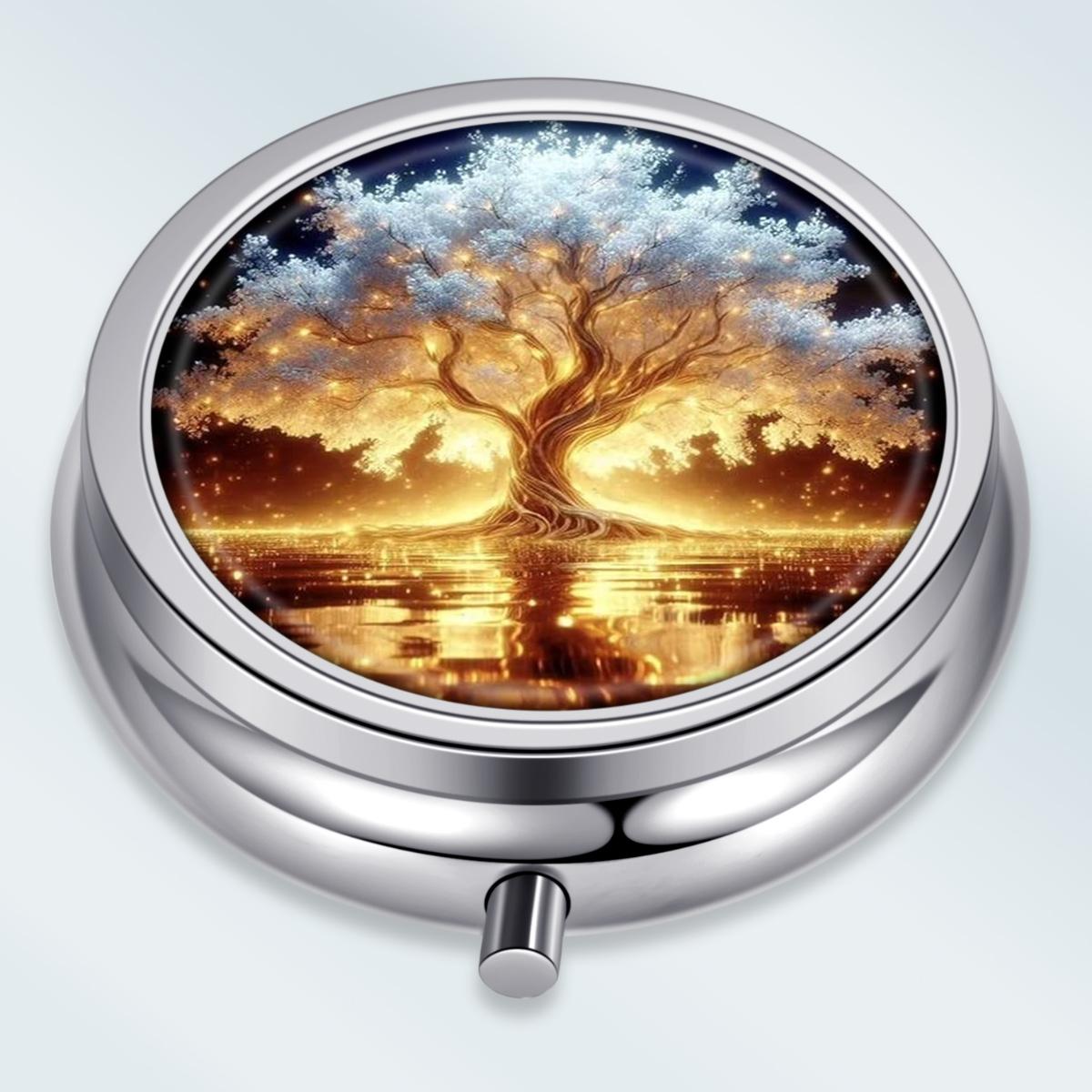 

Portable Pill Box with 3 Compartments, Mini Metal Medicine Organizer Case, Cute Printed Pill Container for Vitamins, Pills, Jewelry, Travel, Daily Use