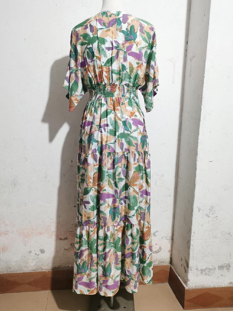 2025 Summer New Women's Batwing Sleeve Deep V Waist Trimming Printing Dress Beach Vacation Dress