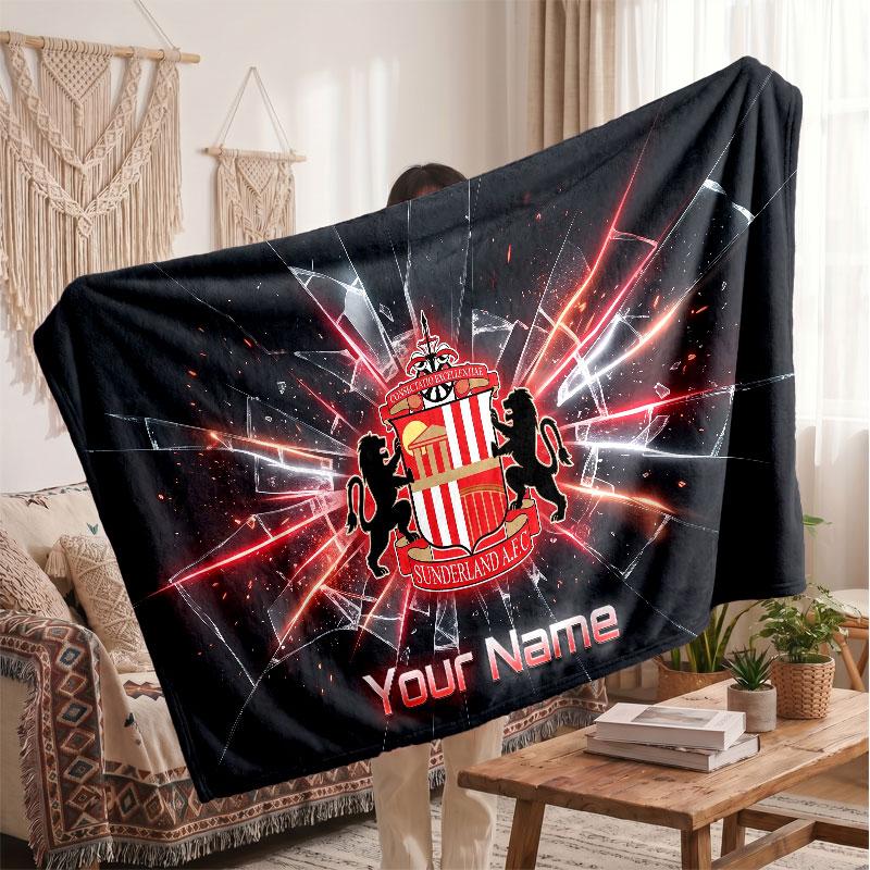 Sunderland FC Personalized Fleece Blanket With Football Logo, Custom Name Text Soft Warm Home Throw Blanket