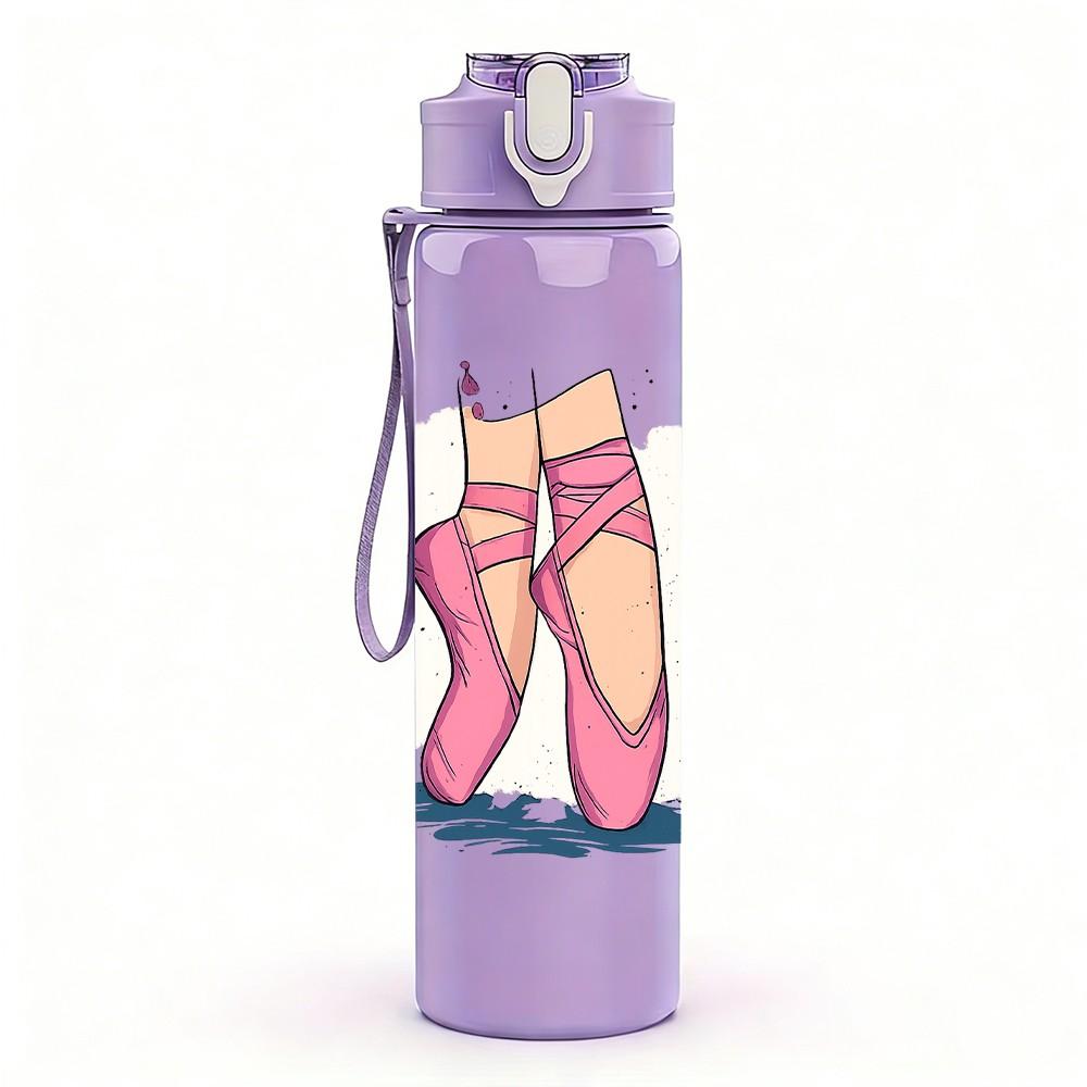1PC Pink Ballet Shoes Line Art 750ml Color Plastic Sports Water Bottle Leakproof Flip Straw Lid Suitable for Sports Office Home Use