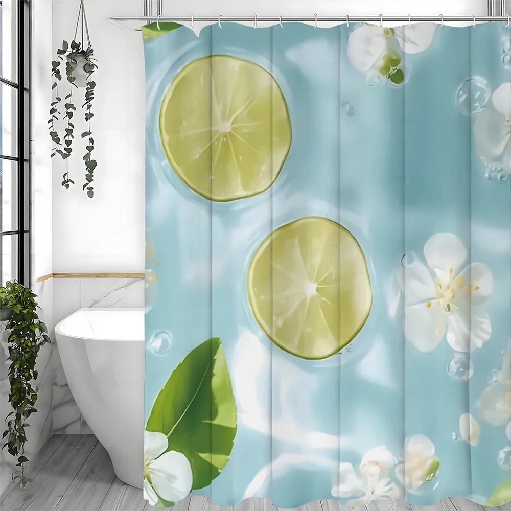 Summer Lemon Flower Shower Curtain, Bathroom Decorative Shower Curtain, Waterproof Shower Curtain with Hooks 90X180cm