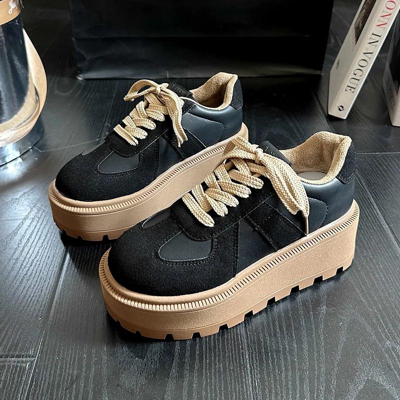 Móda 2024 Podzim Nové Boty na silné podrážce Jednoduché Dámské Kulatá špička Leopardí potisk Barevné sladění Šněrovací Vycházkové boty s nízkým svrškem