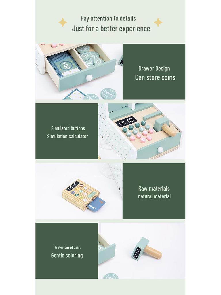 Wooden Supermarket Cash Register Toy with Barcode Scanner & Vending Machine for Kids' Pretend Play