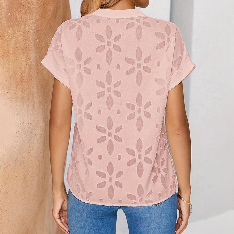 Ladies Summer Short Sleeve V Neck Mesh Hollow Solid Color Pullover Shirt Top